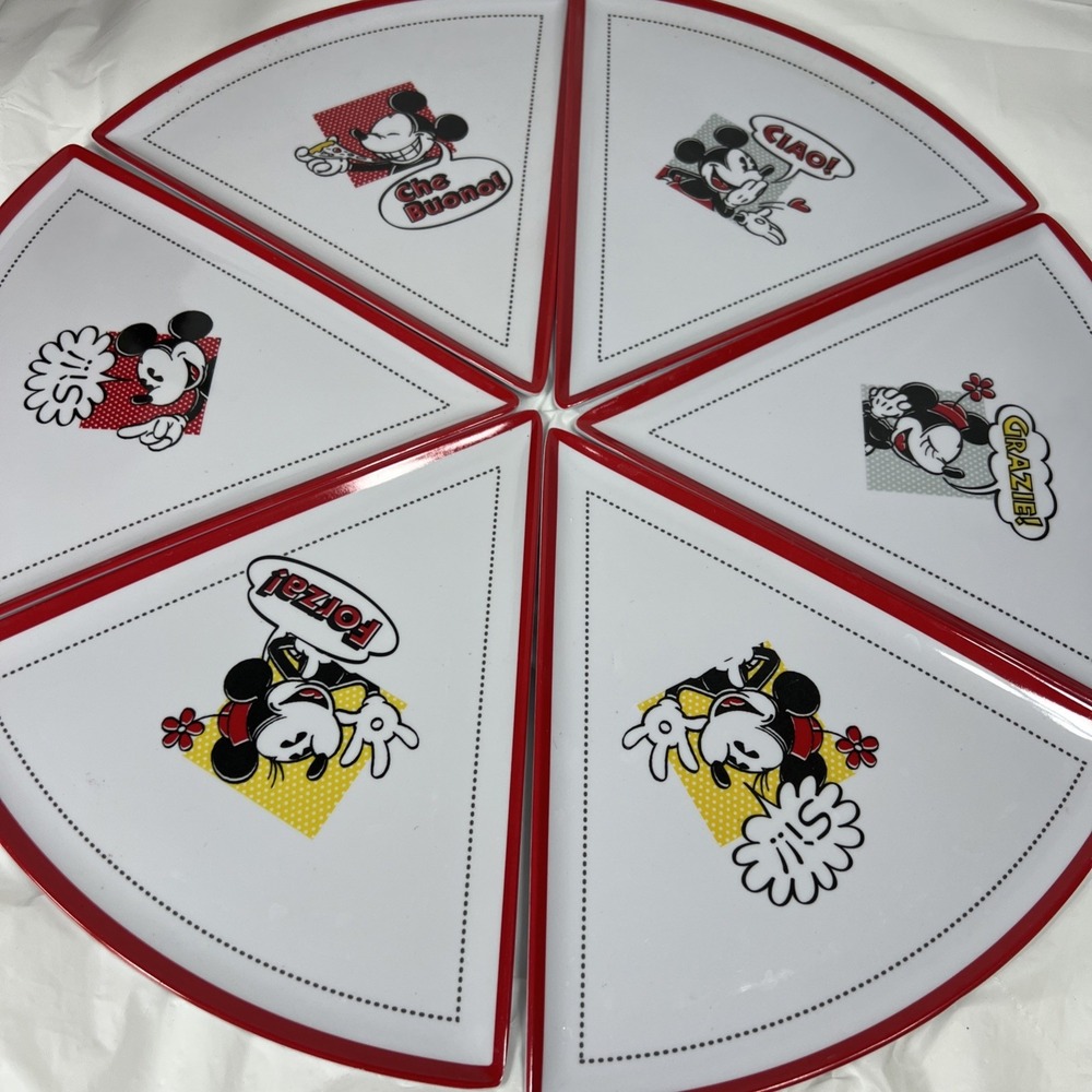 PIZZA PLATES 6 Disney w Mickey & Minnie SPEAK ITALIAN "GRAZIE-SI-CHE BUONO-CIAO"